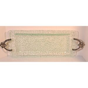 Textured Bubble Glass Rectangle Serving‎ Tray Fleur De Lis Silver Handles 22in